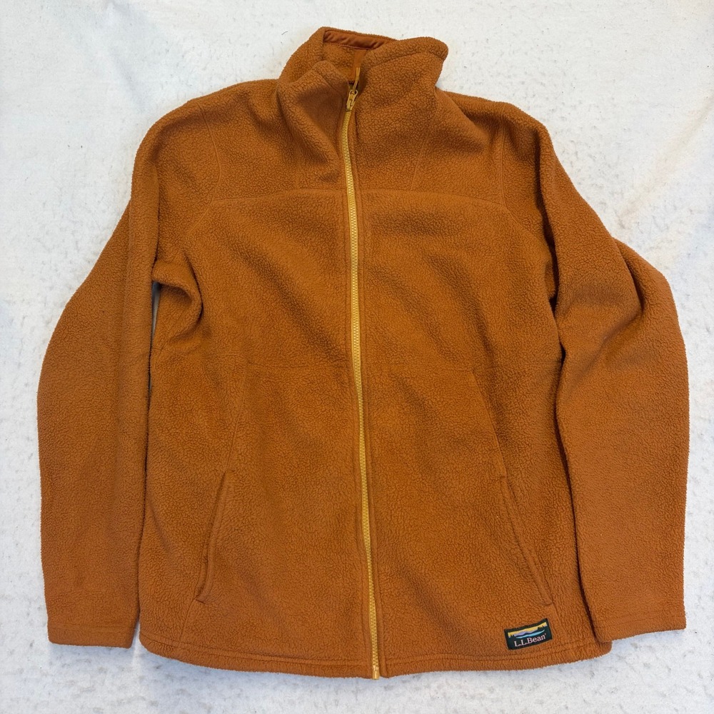 LL Bean Fleece Jacket Womens L Orange Full Zip Sherpa Mock Neck